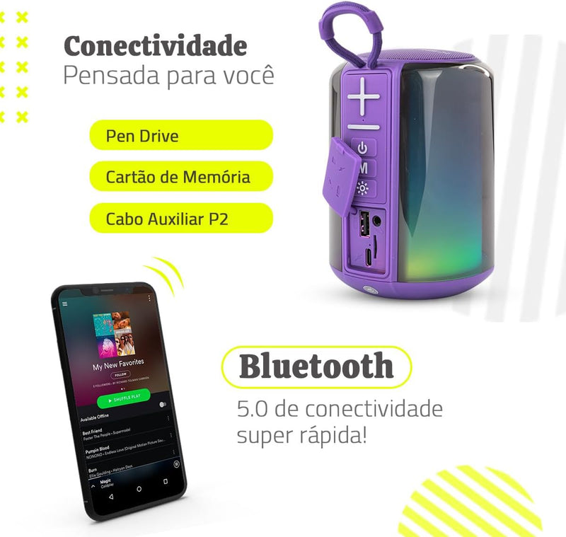 Caixa de Som Bluetooth com 8 Modos de Luz e Conexão Dual