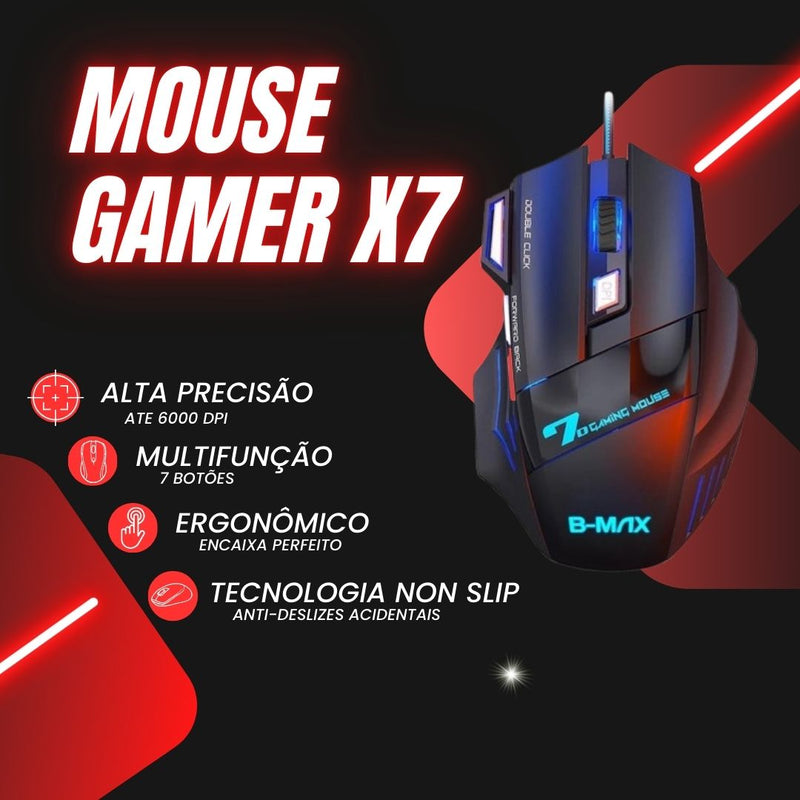 Mouse Gamer X7: Precisão Extrema com Sensor 6000 DPI e RGB